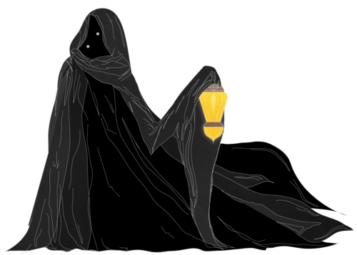 An amorphous figure clad in many dark, hanging robes holds a glowing lantern from an inhumanly long limb. The robes conceal all of its form. Hoods hang low over its face but two pale dots shine through an otherwise black void within