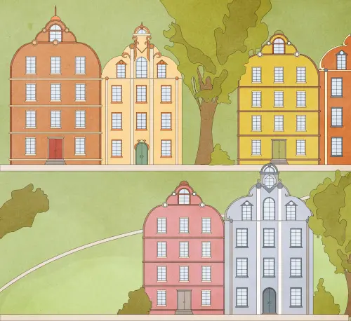 Stylized buildings on a hillside