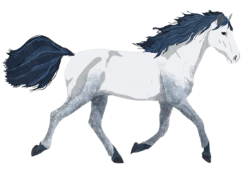 A white horse with blue speckled legs and blue hair.
