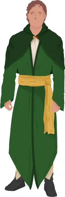 A human man dressed in emerald green vensair robes, with a bronze sash around his waist