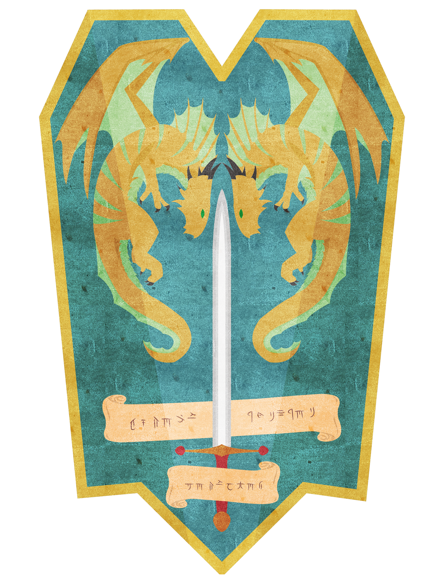 A shield with two bronze dragons flying facing each other. A sword extends up between them, and a scroll with draconic "VIRTUE, STRENGTH, LOYALTY"