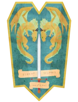 Two bronze dragons in flight, facing each other with a sword upright between them. Their founding qualities "VIRTUE, STRENGTH, LOYALTY" are written in draconic text along the bottom.