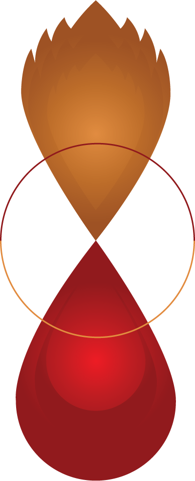 A red drop of blood mirrored below a similarly shaped bronze dragon scale