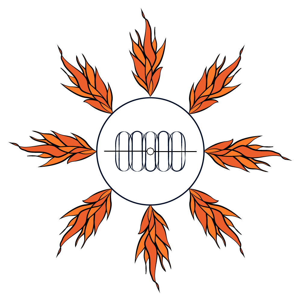 Five overlapping ovals sit inside a circle. On the outside of the circle, eight equidistant flames stretch out
