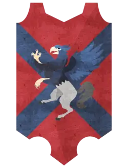 A blue feathered hippogriff with grey horse hindquarters rampant over dark blue crossed stripes, with a red base.