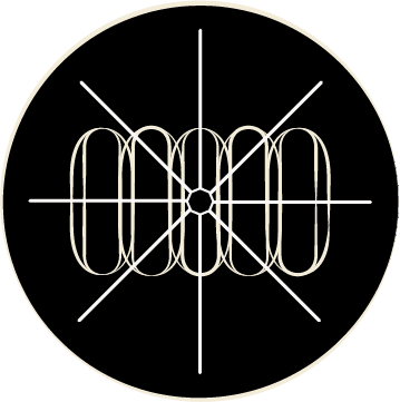 Five ovals organized in a horizontal line, slightly overlapping. From the center oval there are eight straight lines that extend outwards, equally spaced from each other