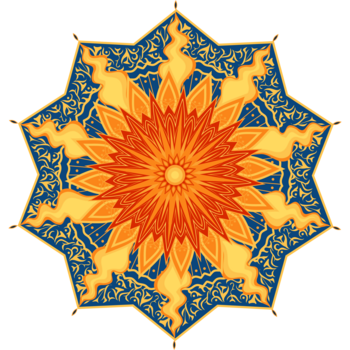 Fractal-like sunbursts of various shades of yellow and orange are layered on top of each other akin to a flower petal, set within a blue and orange ten pointed star