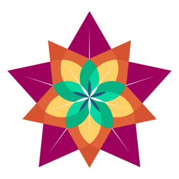 A blue-green flower rests atop two alternating stars, one orange and one purple. The flower has five petals, and the starts are both five-pointed