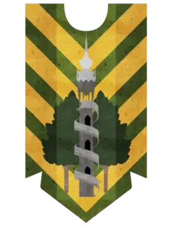 A spiraled tower with trees flanking it, over a bronze and green chevron field.