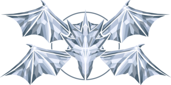A dragon head viewed directly from the front, with four wings stretching out from its four corners. The entire sigil is stylized in fractal crystals