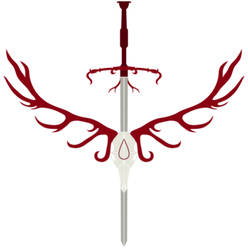 A longsword points downwards, piercing through a stag's skull. The sword's crossguard is thorny and barbed, resembling the stag's wide and branching antlers