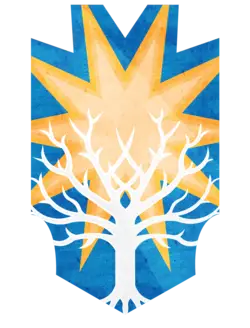 A giant silver tree expanding from the center bottom, spreading over half the banner, with a shining ten-point star radiating from the center behind it. All rest on a blue field.