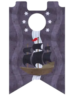 A large circle is cut out of the top center, with three six-pointed stars on either side. A wavy line runs vertically, underneath a ship with unfurled dark sails, over a purple field.
