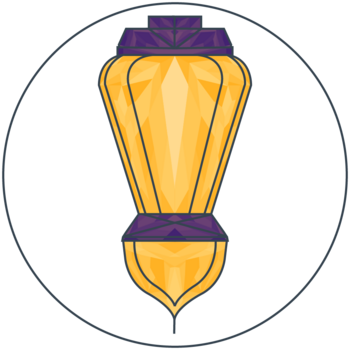 A lantern made of crystaline shards glows orange, contained within a solid black circle outline